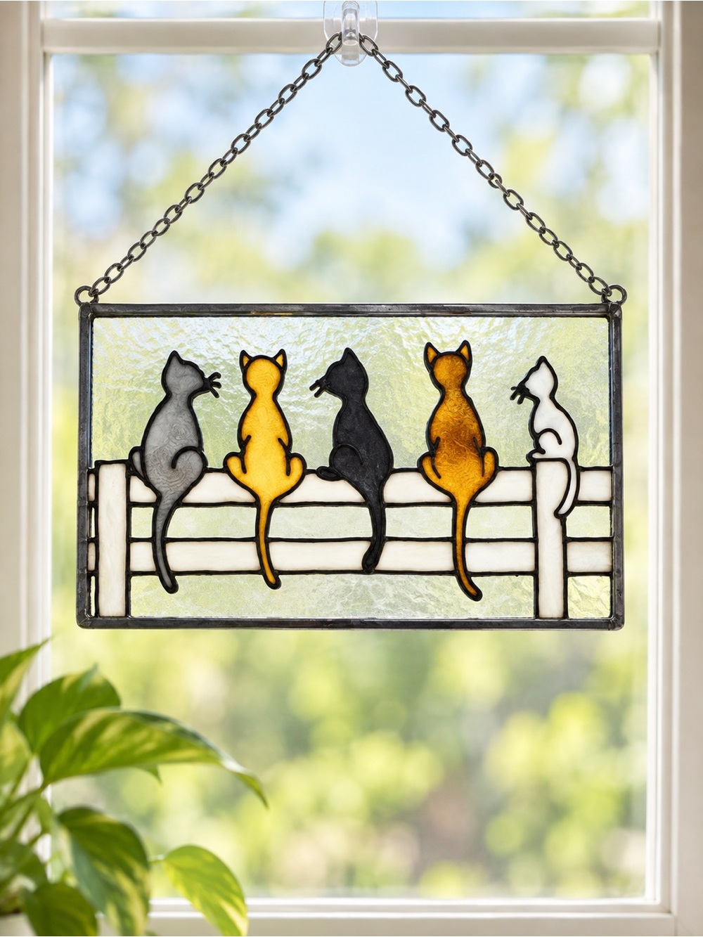 Stained Glass Cat Suncatcher Window Hanging 5 Cats on Fence Home Decor